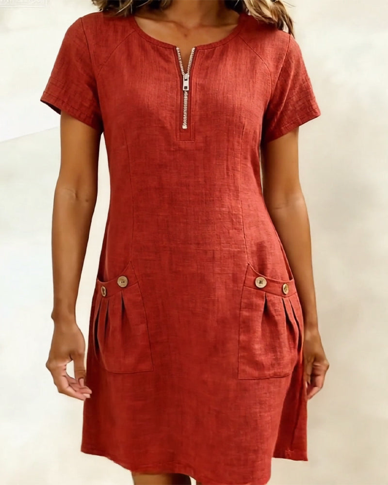 Women's Summer Dress – Linen A-Line Mini with Zip Neck and Short Sleeves for Warm Weather 1