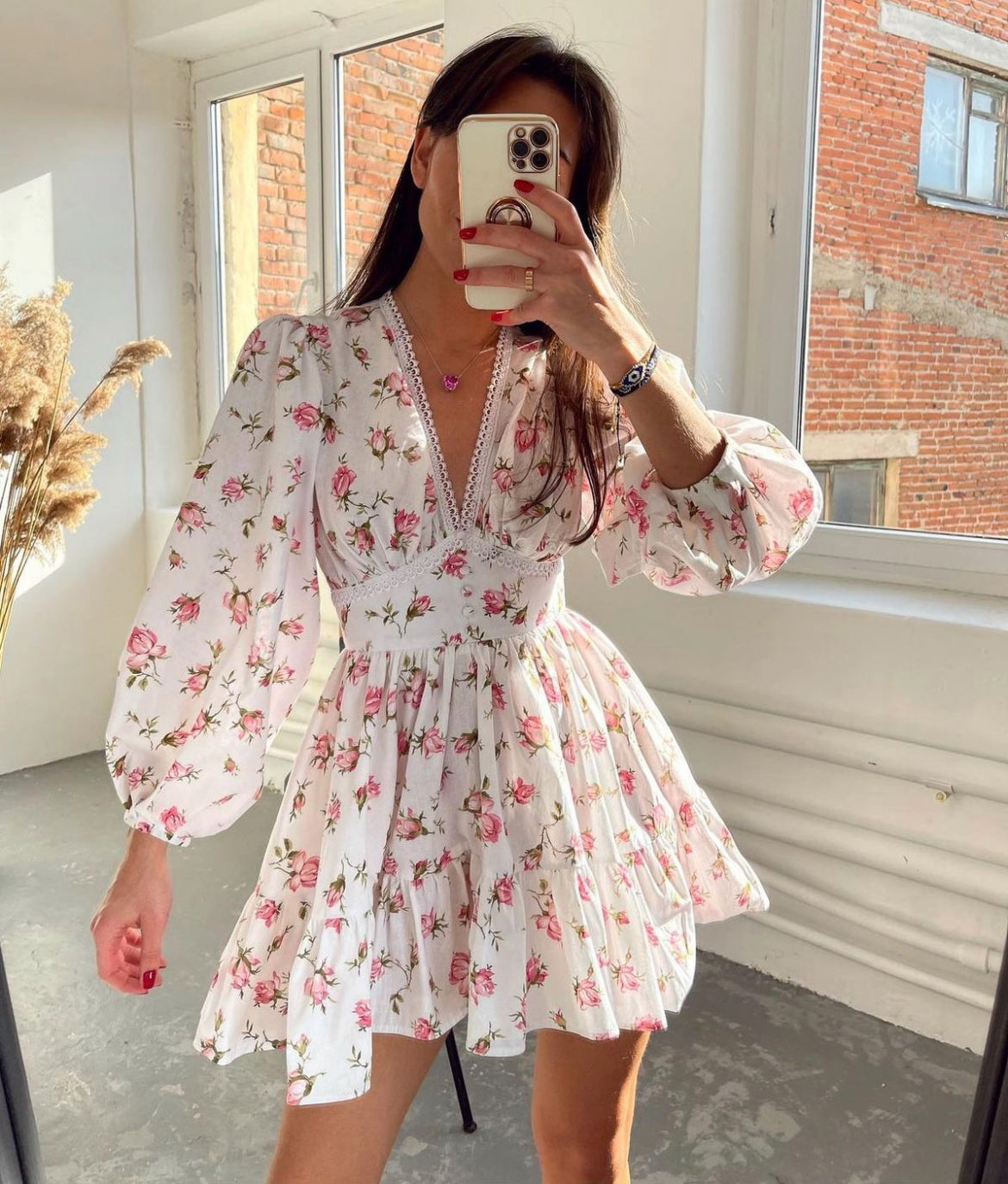 Women's Summer Floral Mini Dress with Balloon Sleeves – V-Neck for Warm Weather 0