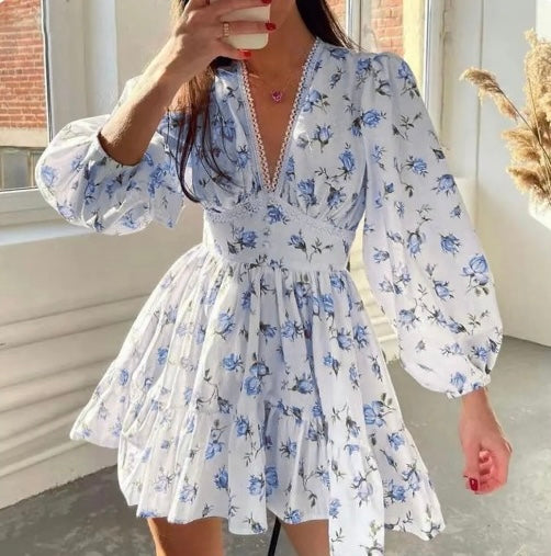 Women's Summer Floral Mini Dress with Balloon Sleeves – V-Neck for Warm Weather 4