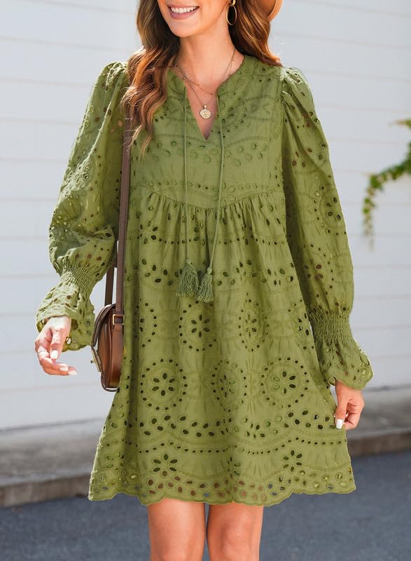 Women's Summer Lace Mini Dress – Long Balloon Sleeves with Tassel Tie Neckline 6