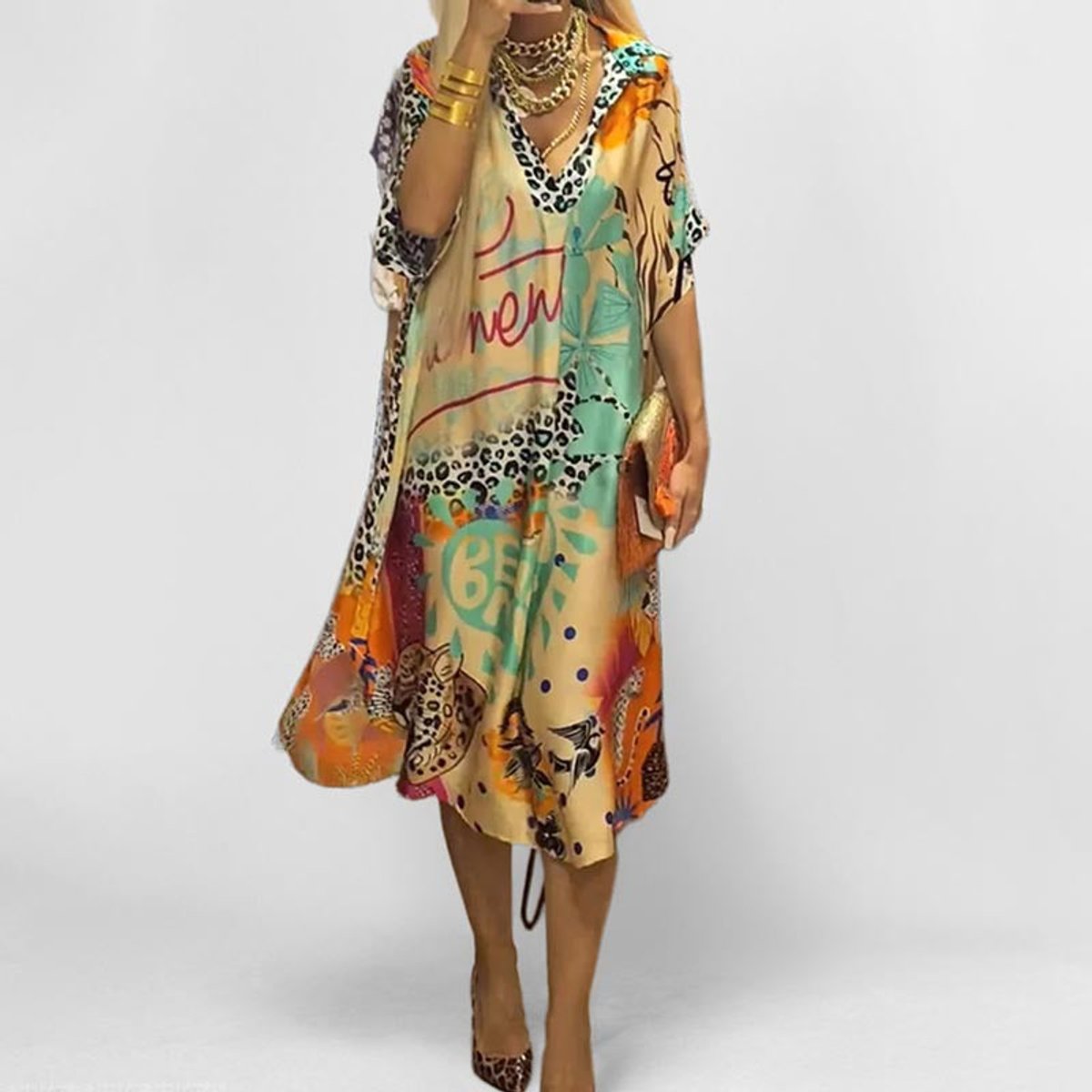 Women's Summer Midi Dress – V-Neck Graphic Print with Relaxed Fit for Casual Wear 0