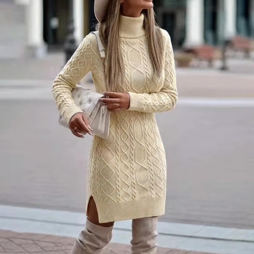 Women's Turtleneck Knit Dress – Long Sleeve Midi with Cable Pattern for Winter 0