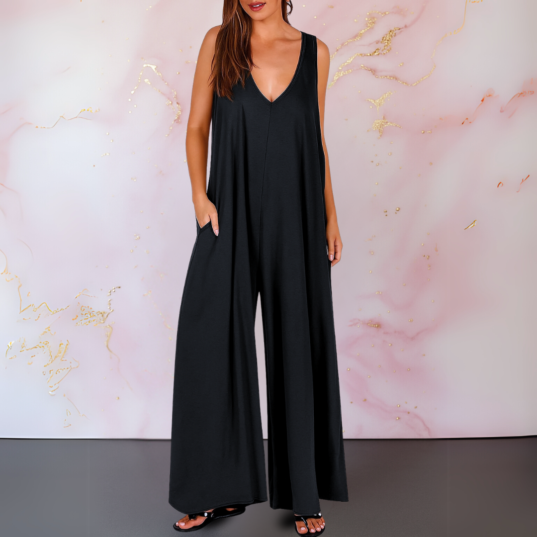 Women's Wide Leg Sleeveless Jumpsuit with V-Neck and Pockets for Summer Casual Wear 0