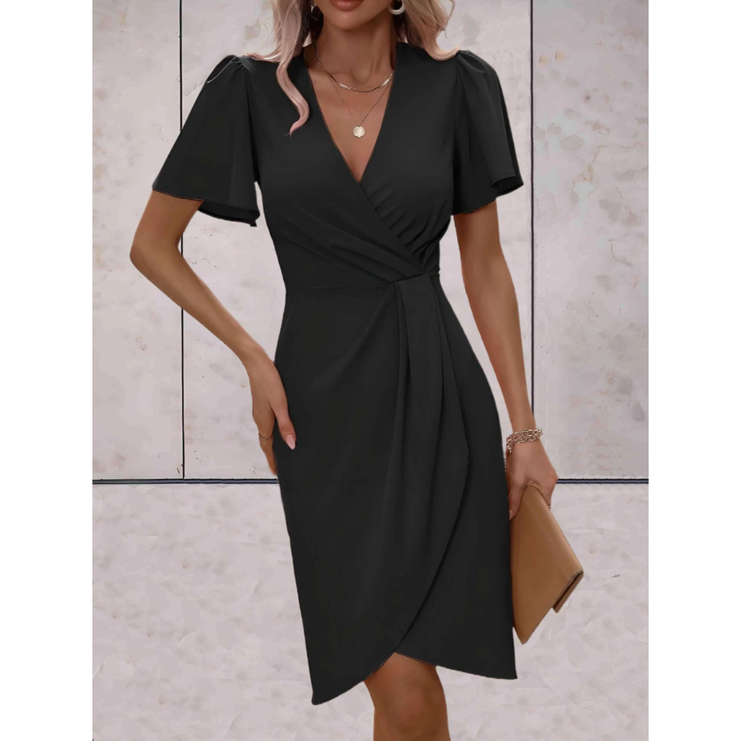 Women's Wrap Midi Dress for Summer – V-Neck with Flutter Sleeves for Formal Occasions 4