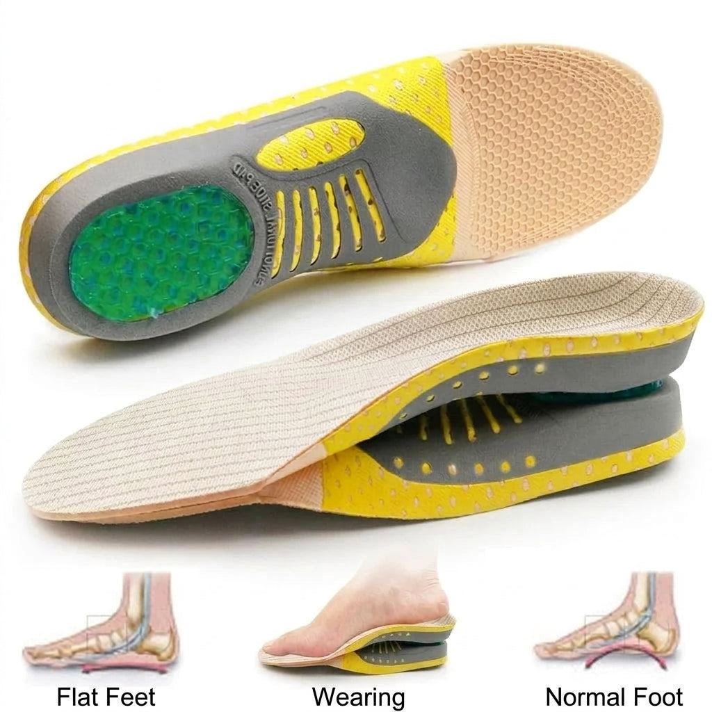 A pair of yellow and grey gel arch support insoles shown with diagrams comparing flat feet, usage, and normal foot arches.