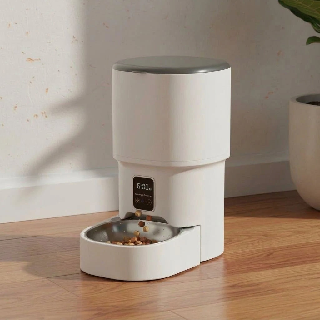 A white automatic pet feeder dispensing dry food into a stainless steel bowl on a wooden floor.