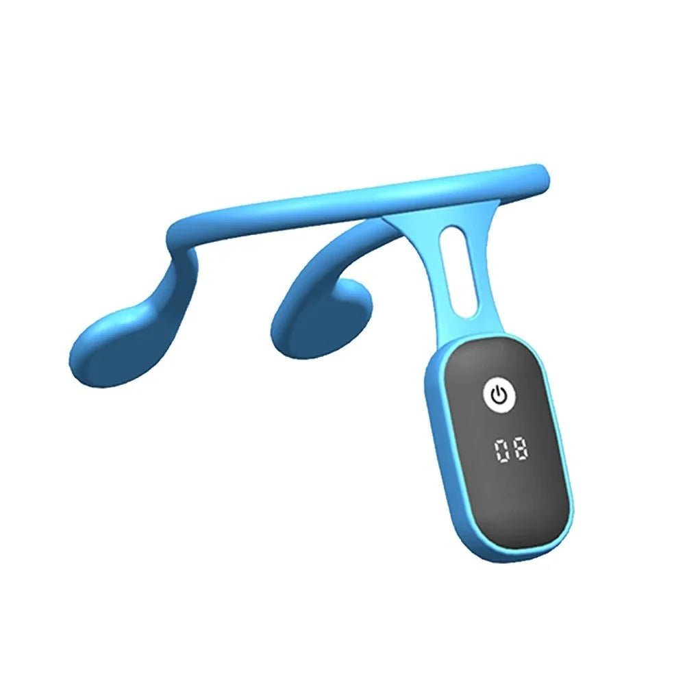 A blue wearable posture corrector device featuring a power button and a digital display showing the number 08.