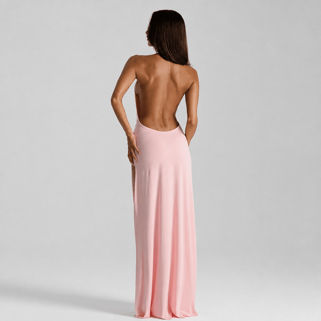 Backless Satin Evening Maxi Dress – Halter Neck, High Side Split, Formal Gown - We are MFEO