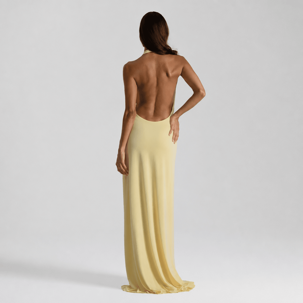 Backless Satin Evening Maxi Dress – Halter Neck, High Side Split, Formal Gown - We are MFEO