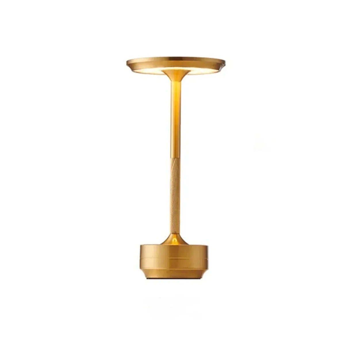 A sleek, cordless gold-coloured table lamp with a minimalist design and a glowing circular top, set against a white background.