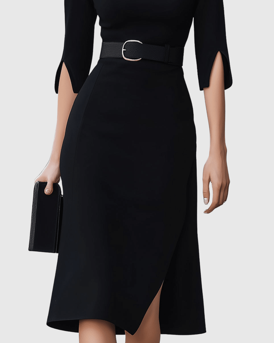 Belted Midi Dress – High Neck, Split Sleeves, Formal (Plus Size Available) - We are MFEO