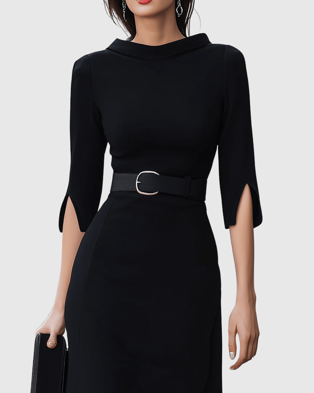 Belted Midi Dress – High Neck, Split Sleeves, Formal (Plus Size Available) - We are MFEO