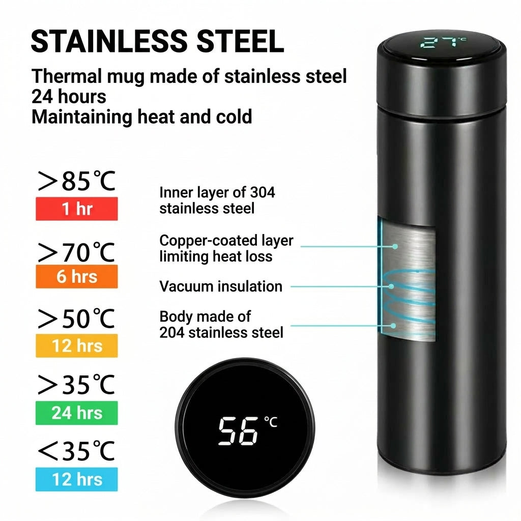 A black stainless steel thermal mug with an LED temperature display, showing its multi-layer insulation performance.