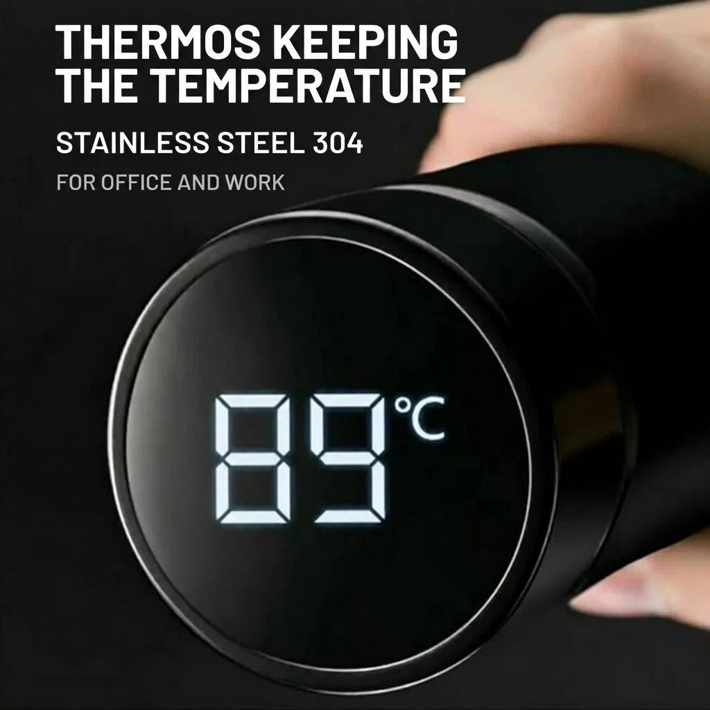 A black stainless steel thermos flask with an LED lid displaying a temperature of 89 degrees Celsius.