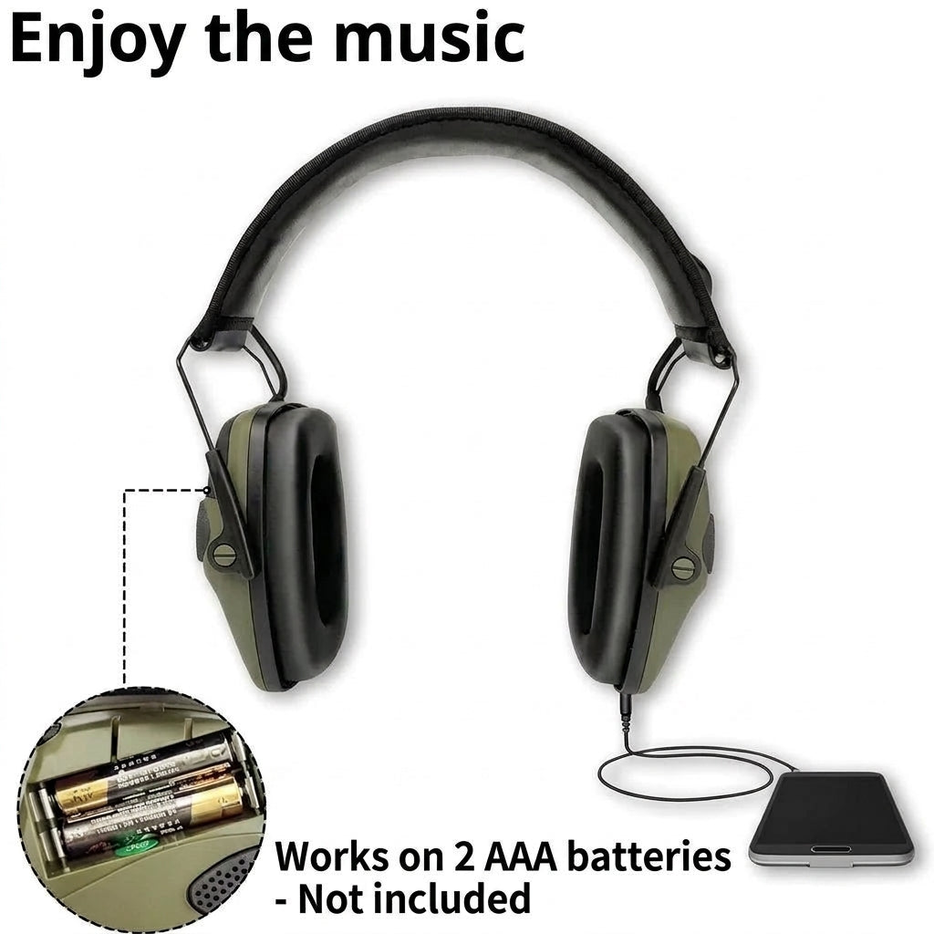 Olive green noise-cancelling earmuffs connected to a smartphone, with an inset showing the battery compartment for two AAA batteries.