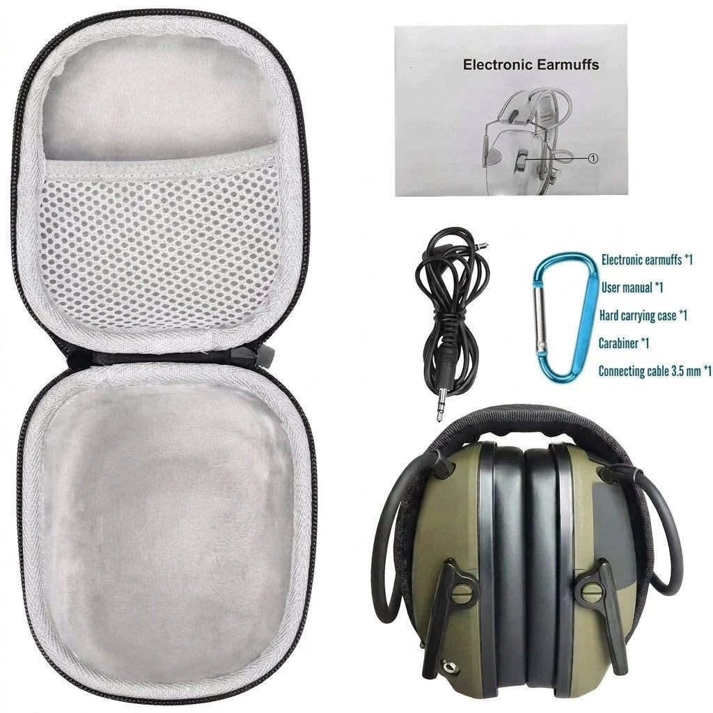 A set of green electronic earmuffs with a protective carry case, carabiner, 3.5 mm audio cable, and a user manual.