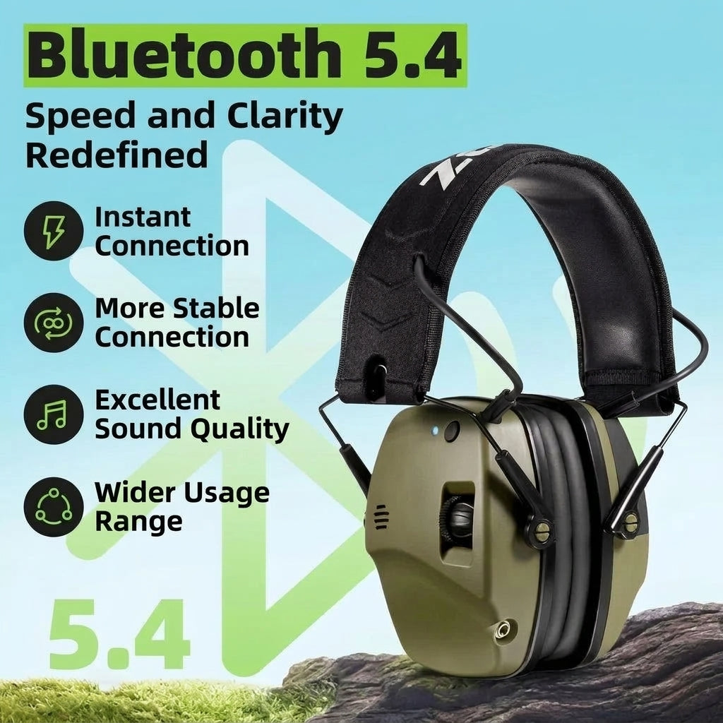 Olive green Bluetooth earmuffs for shooting, highlighting features like instant connection and superior sound quality.
