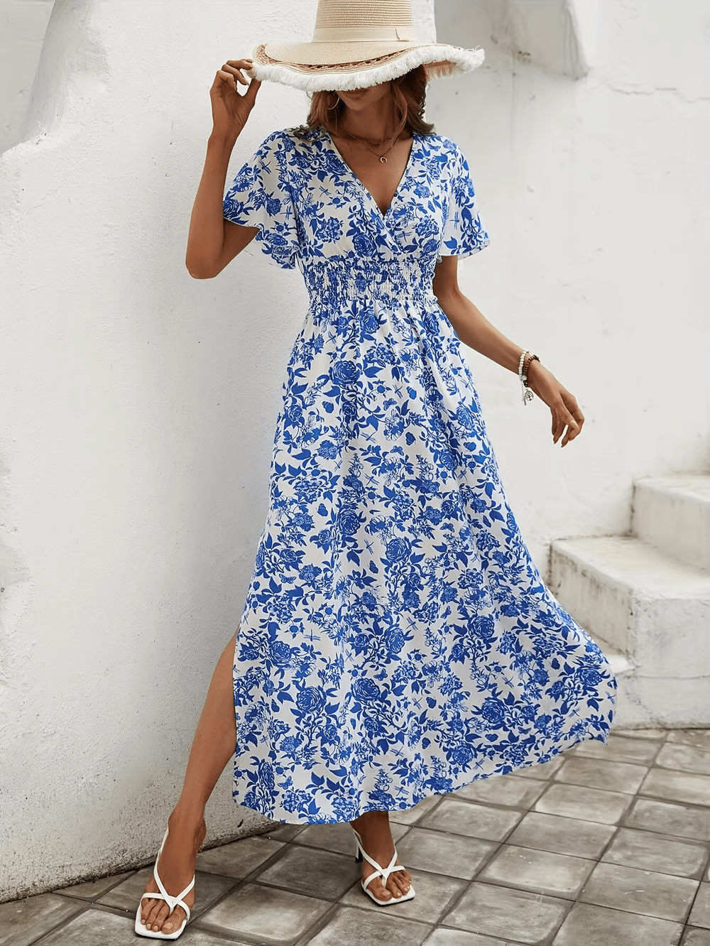 Bohemian V-Neck Beach Dress for Summer – Flowing Silhouette with Blue Pattern - We are MFEO