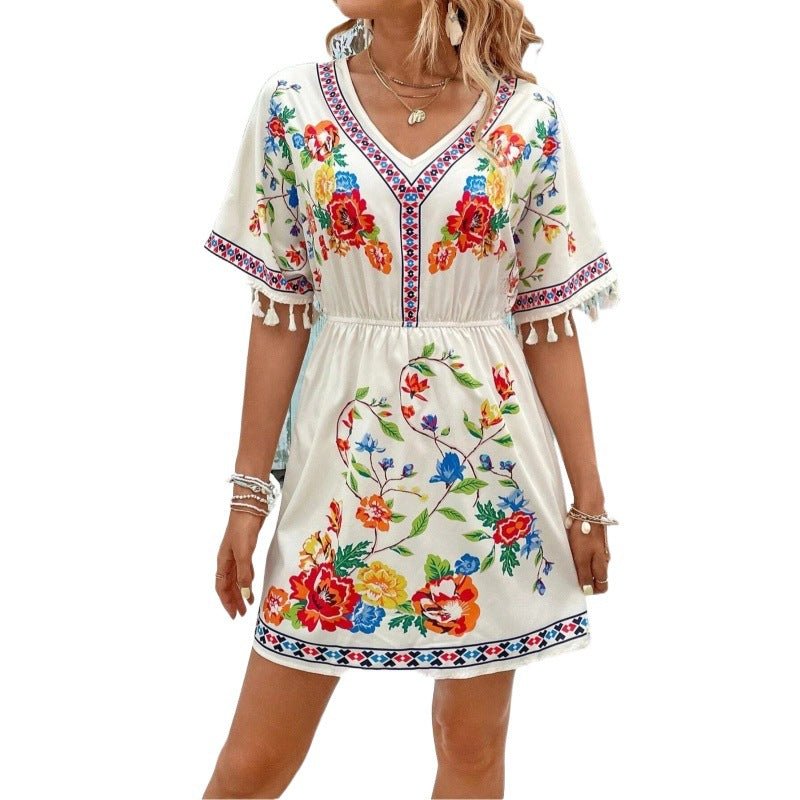 Boho Floral Mini Summer Dress with Tassel Sleeves and Elastic Waist - We are MFEO