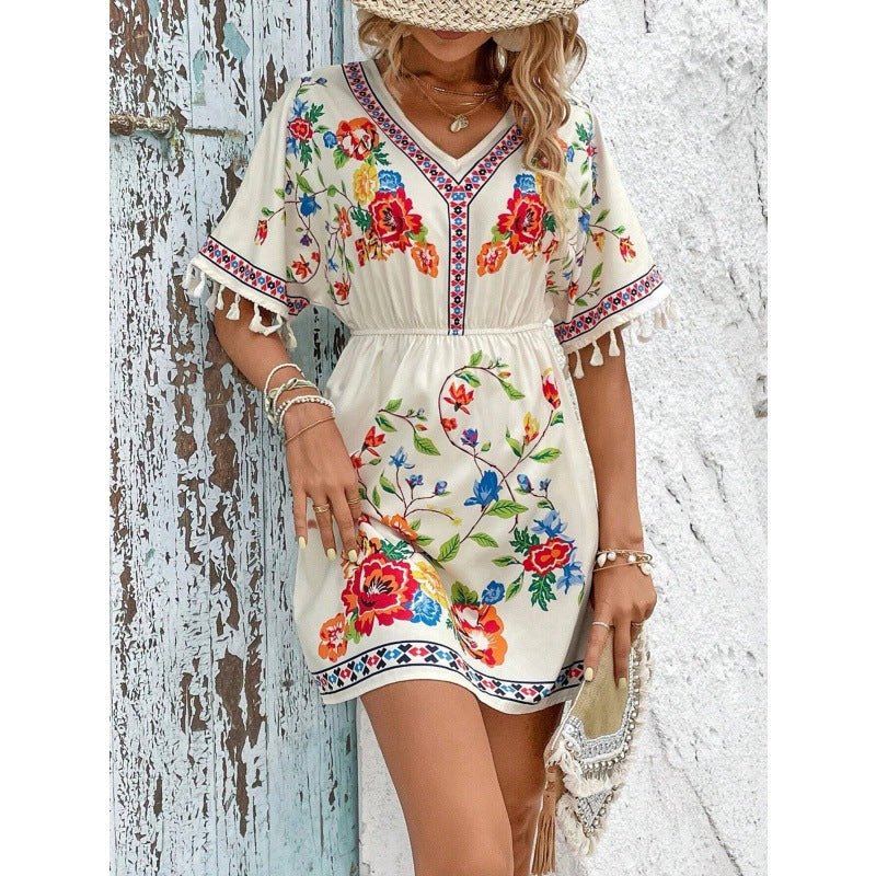 Boho Floral Mini Summer Dress with Tassel Sleeves and Elastic Waist - We are MFEO