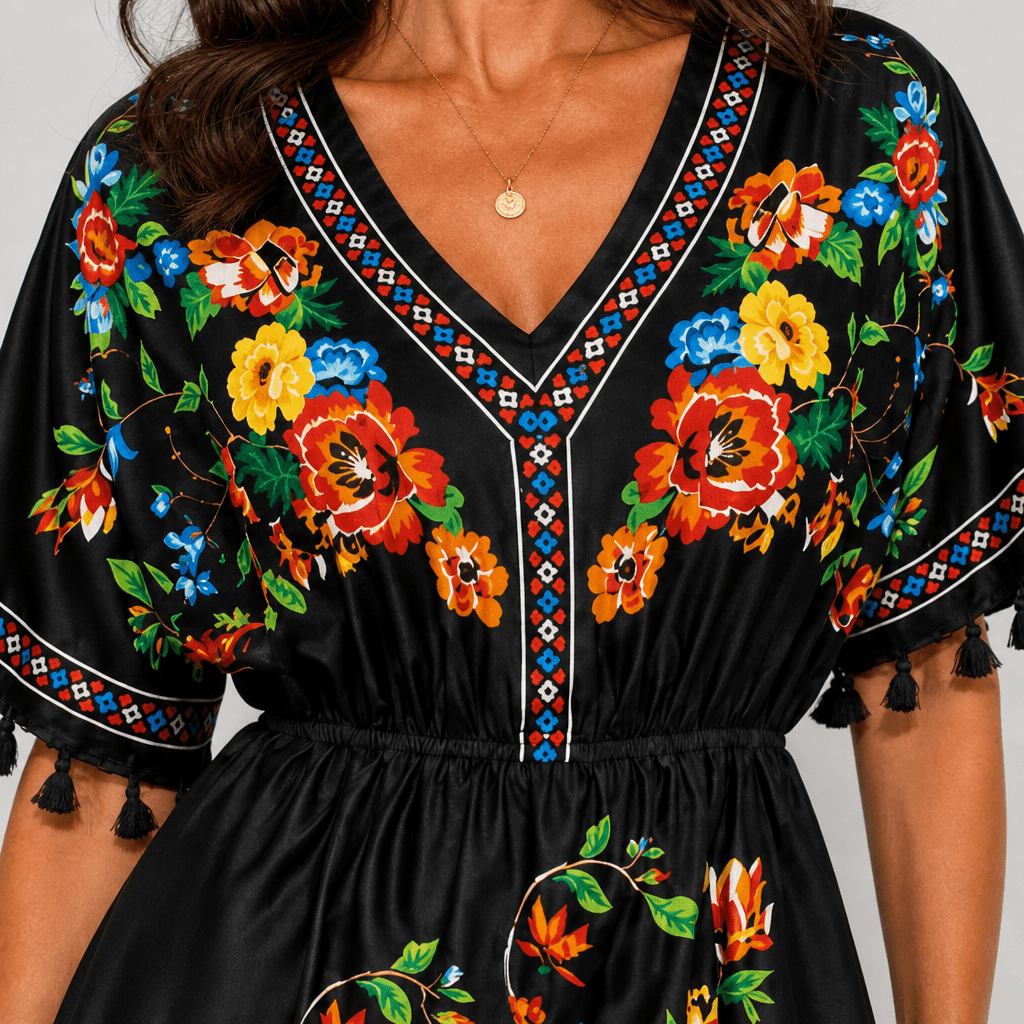 Boho Floral Mini Summer Dress with Tassel Sleeves and Elastic Waist - We are MFEO