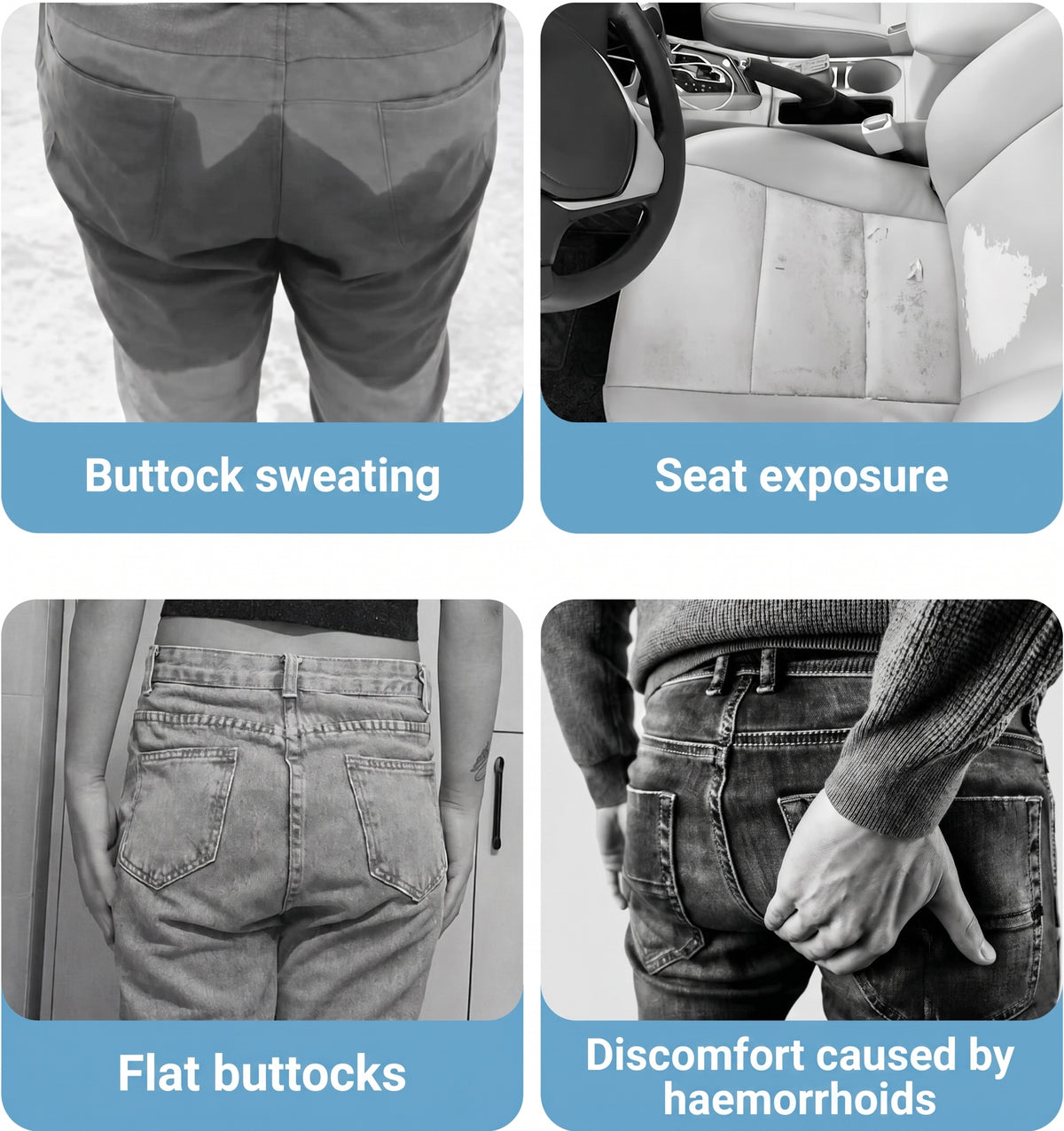 A four-panel collage showing common discomforts like sweating, flat glutes, and haemorrhoids addressed by a seat cushion.