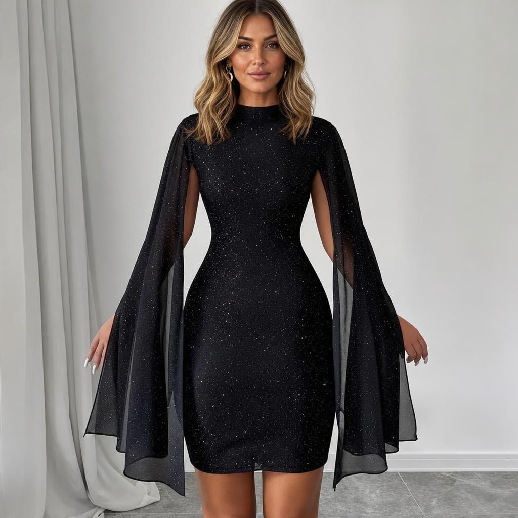 Cocktail Dress with Glitter Cape Sleeves – Ribbed Mini Fit for Formal Parties - We are MFEO