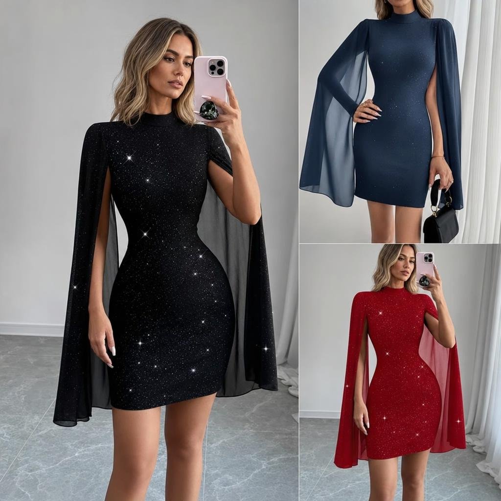 Cocktail Dress with Glitter Cape Sleeves – Ribbed Mini Fit for Formal Parties - We are MFEO