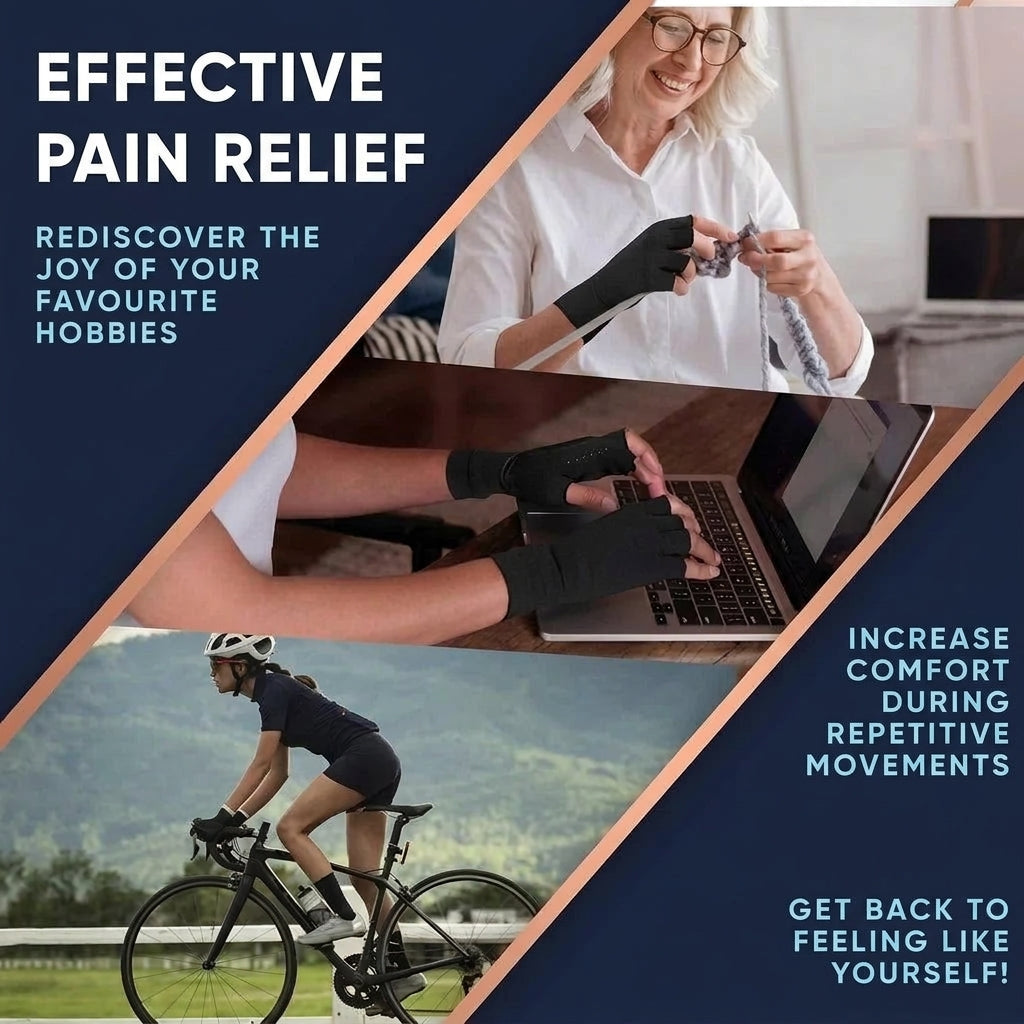 A woman wearing compression gloves while knitting, typing on a laptop, and cycling to show relief from joint pain.