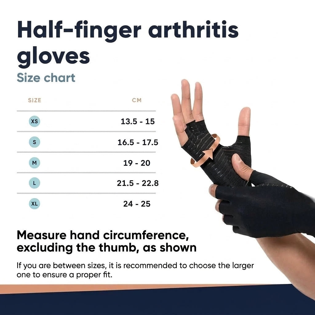 A sizing chart for arthritis compression gloves showing measurements in centimetres for sizes XS to XL, with hand placement.