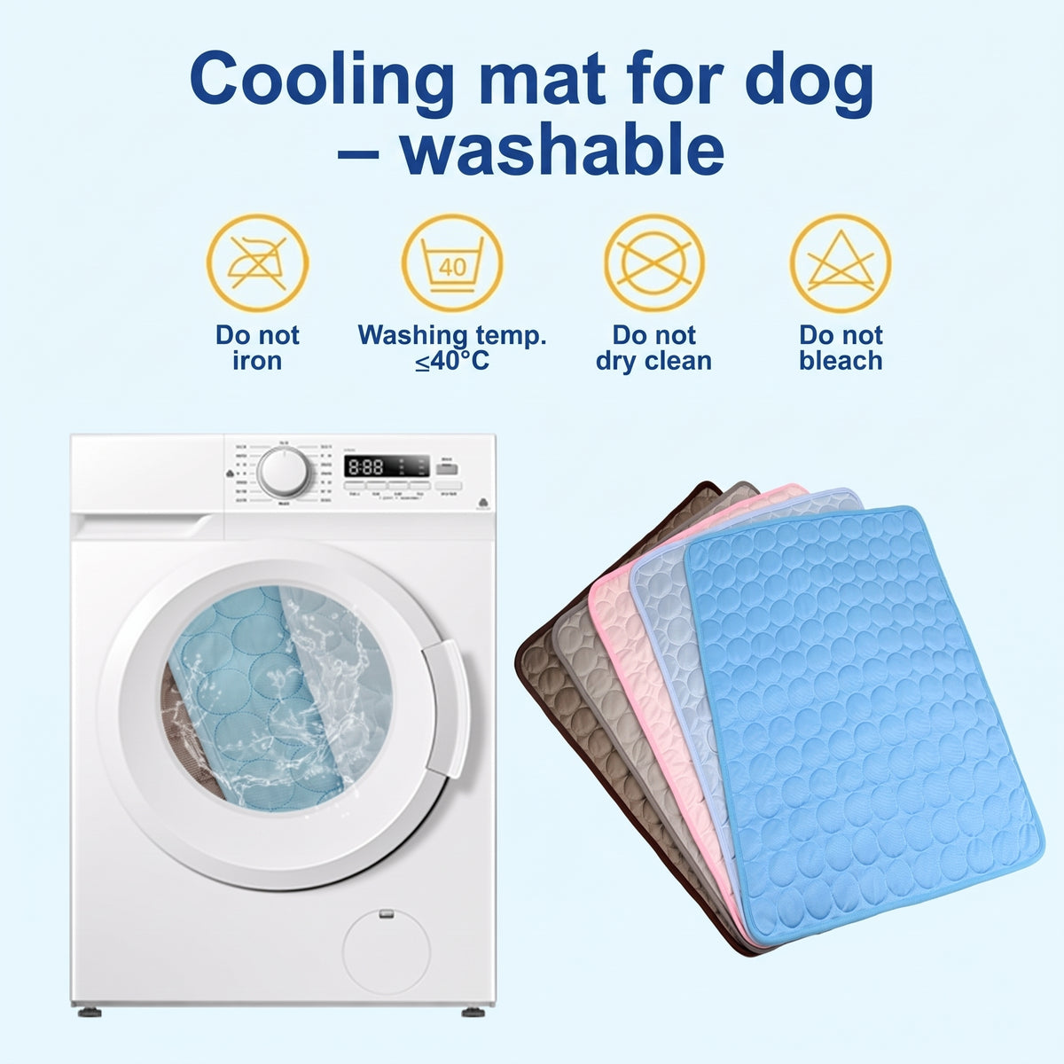 A washing machine containing a blue cooling mat for dogs, next to a stack of cooling mats in various colours.