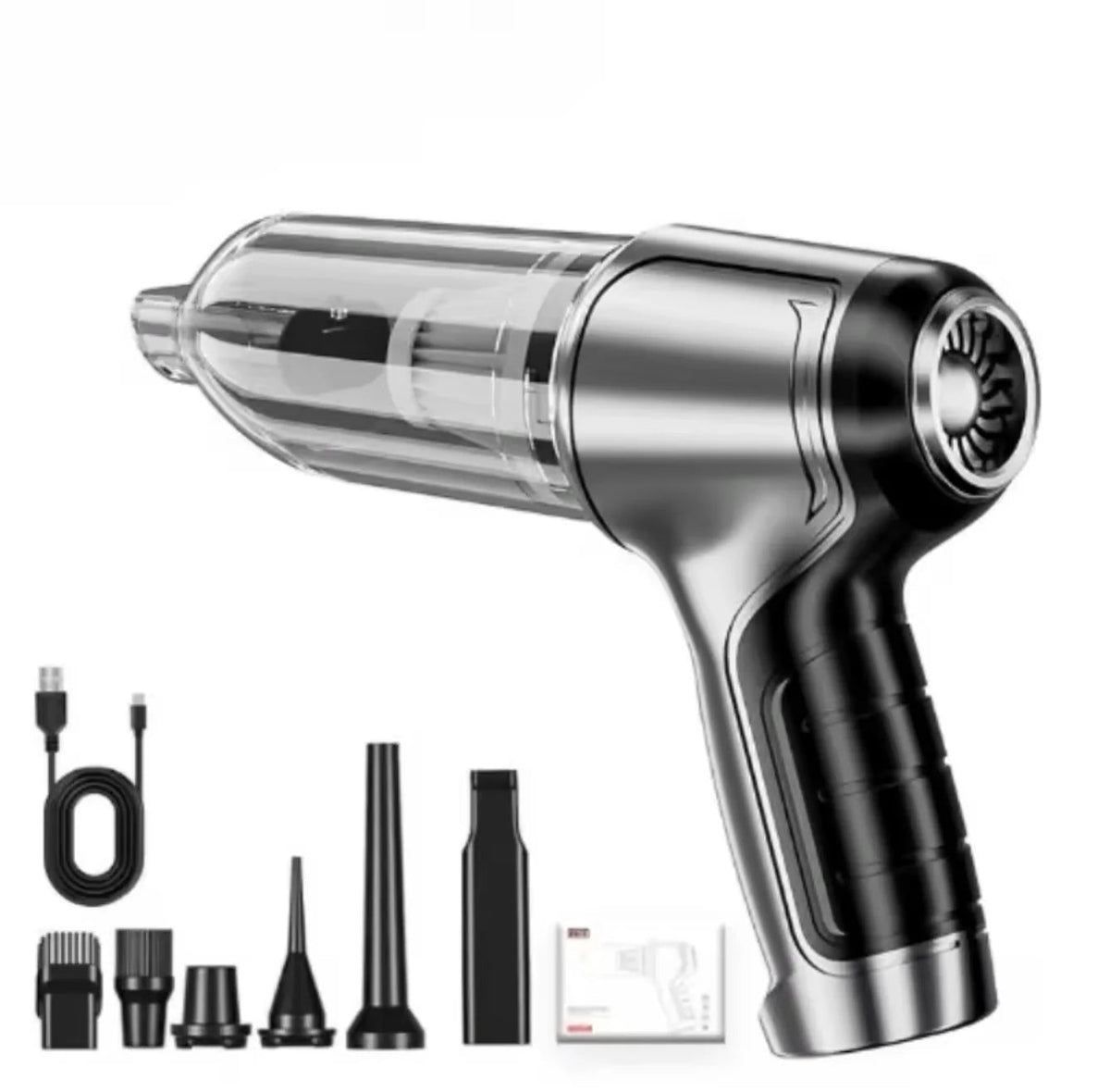 A cordless car vacuum cleaner with a charging cable and six different nozzle attachments displayed on a white background.