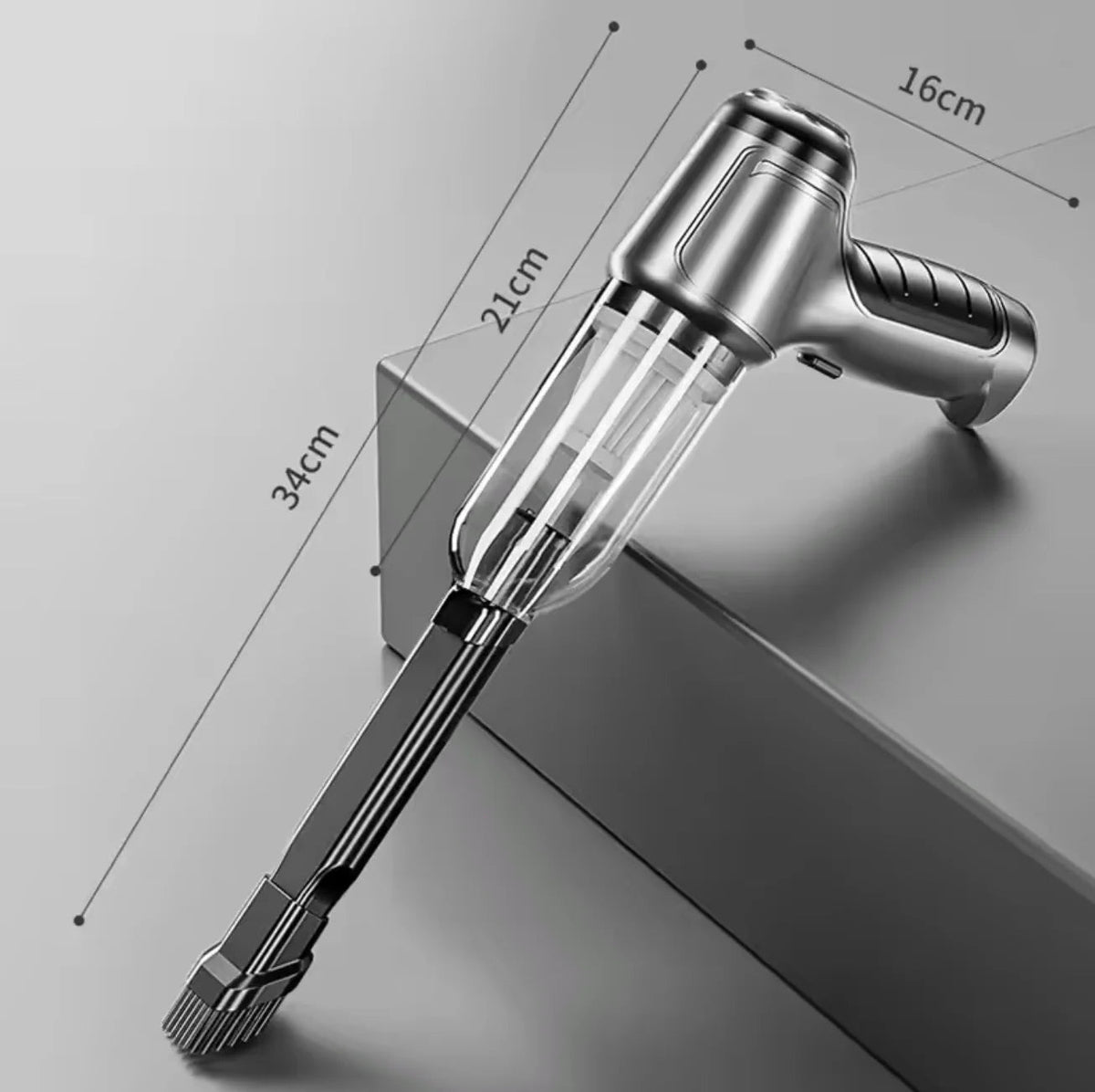 A diagram showing the dimensions of a cordless car vacuum cleaner.