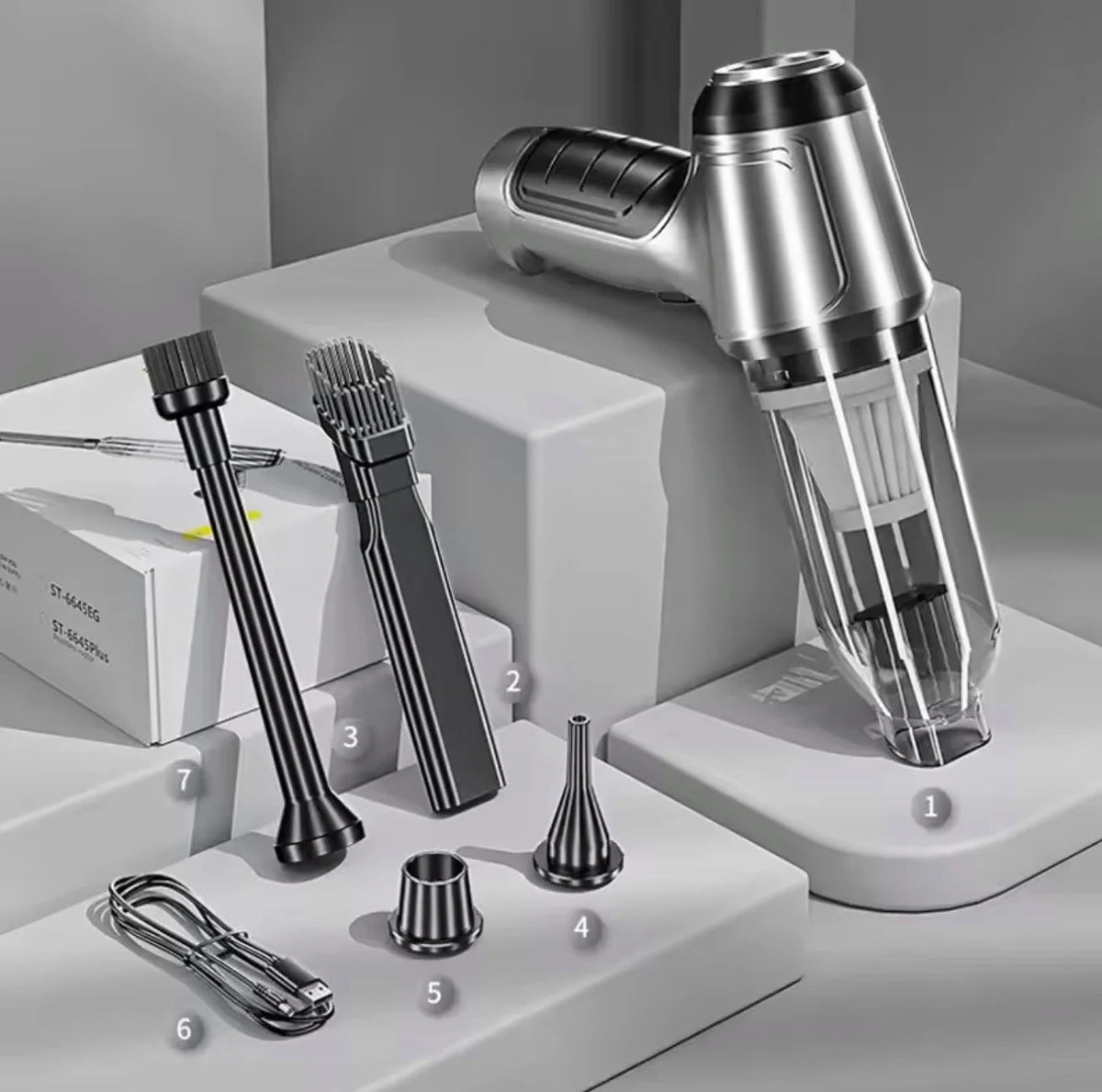 A cordless car vacuum cleaner with six attachments displayed on a stand.