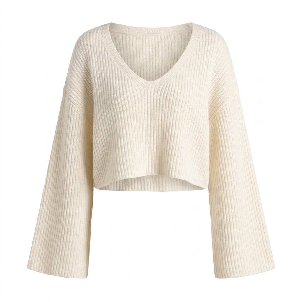 Cropped V-Neck Sweater with Crochet Texture – High Stretch Knit for Autumn/Winter - We are MFEO