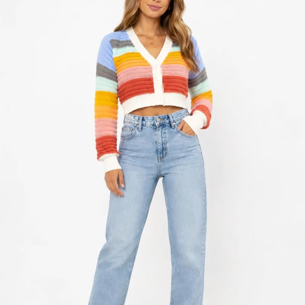 Cropped Women's Cardigan – Rainbow Stripes with V-Neck - We are MFEO