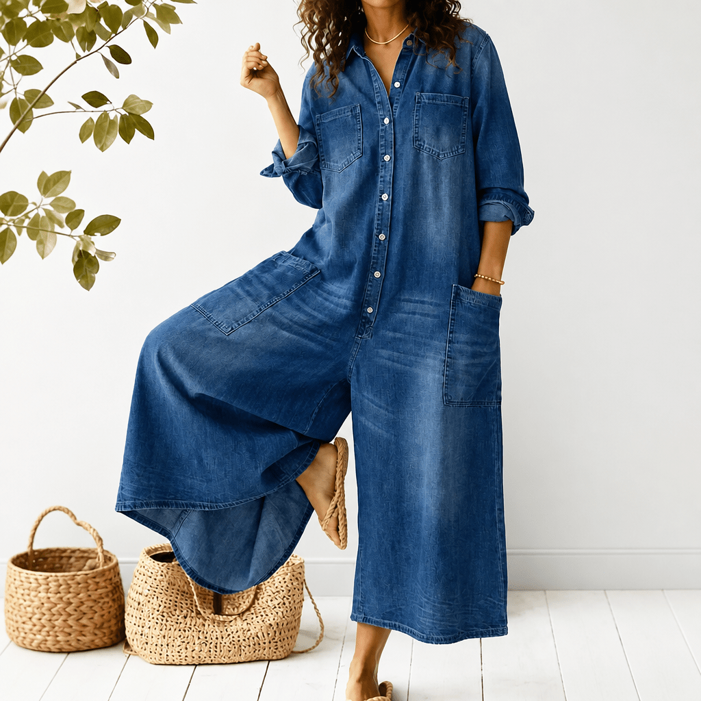 Denim Jumpsuit with Button-Front – Wide-Leg Relaxed Fit - We are MFEO