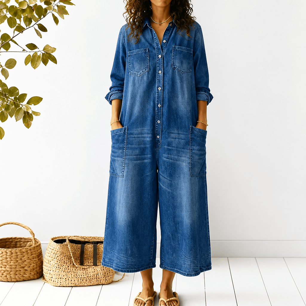 Denim Jumpsuit with Button-Front – Wide-Leg Relaxed Fit - We are MFEO