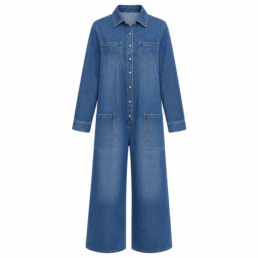 Denim Jumpsuit with Button-Front – Wide-Leg Relaxed Fit - We are MFEO