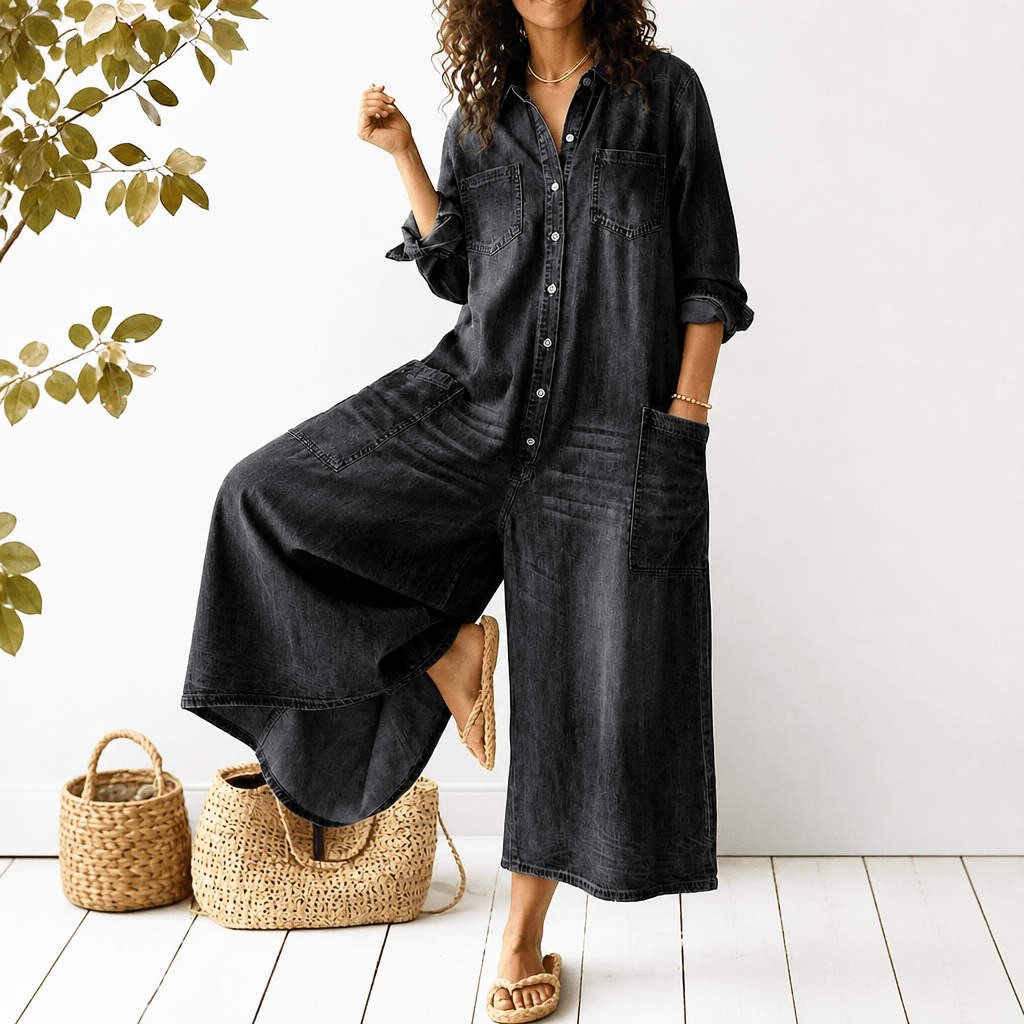 Denim Jumpsuit with Button-Front – Wide-Leg Relaxed Fit - We are MFEO