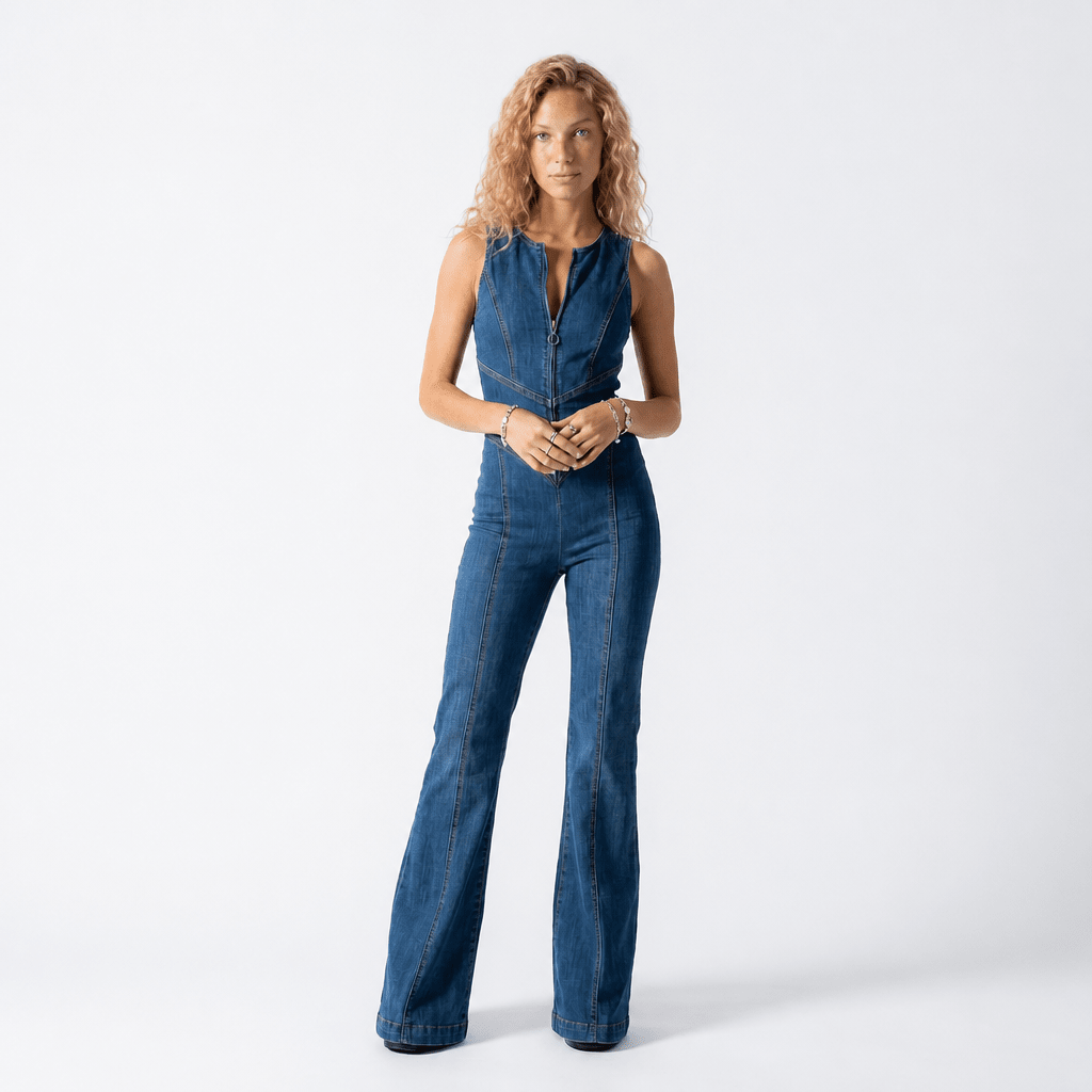 Denim Jumpsuit with Front Zip – Slim Fit Flared Legs - We are MFEO