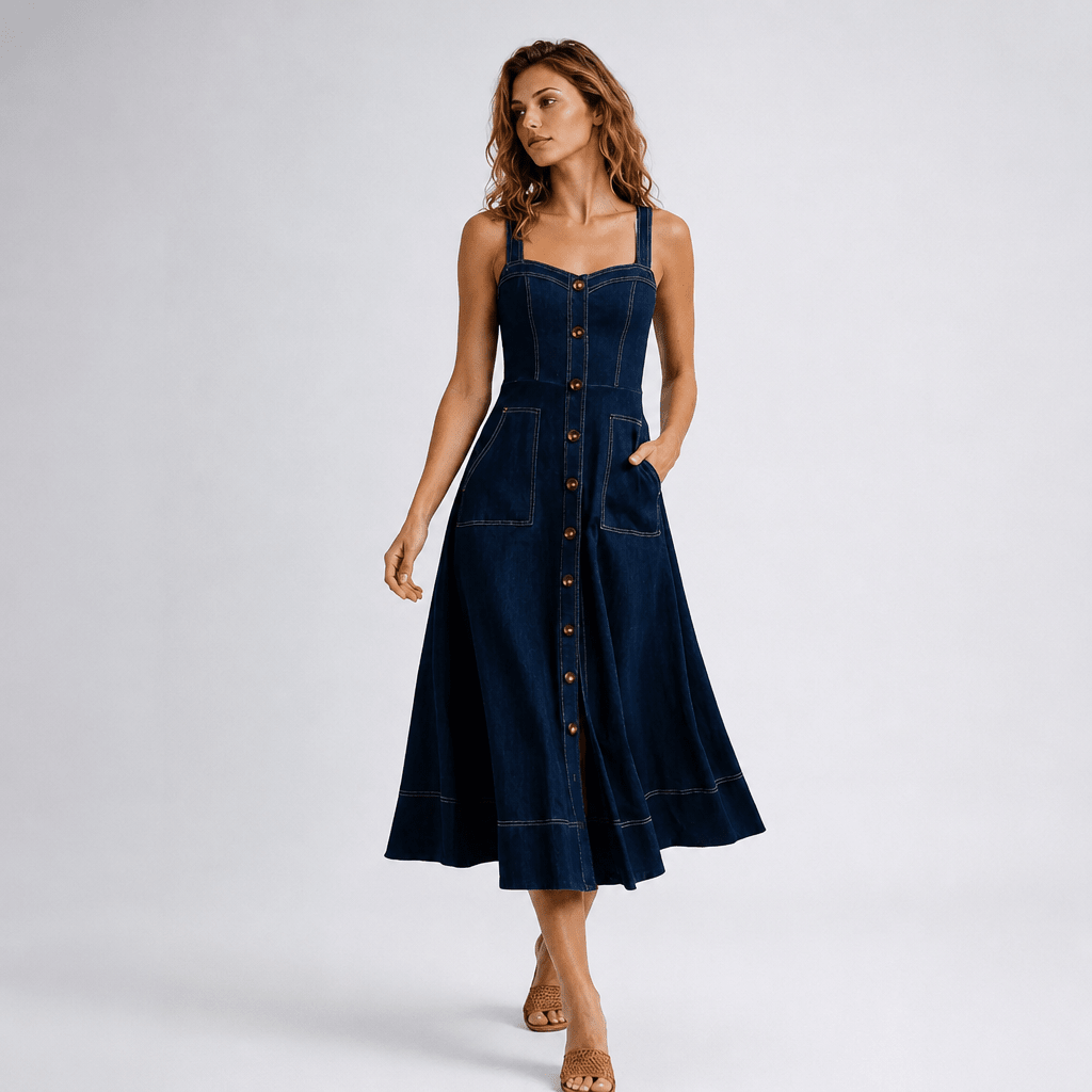 Denim Midi Dress – Sweetheart Neckline with Front Pockets for Summer Casual Wear - We are MFEO