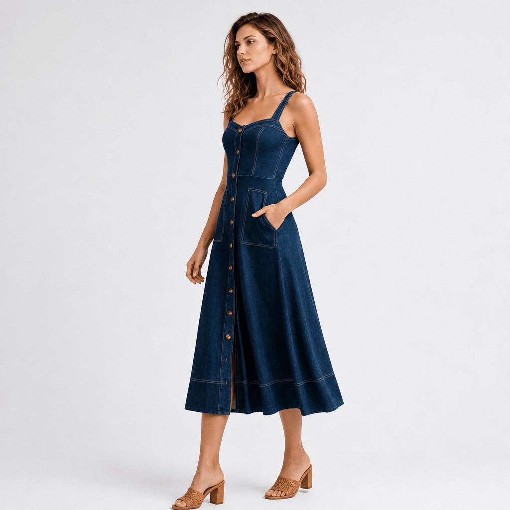 Denim Midi Dress – Sweetheart Neckline with Front Pockets for Summer Casual Wear - We are MFEO