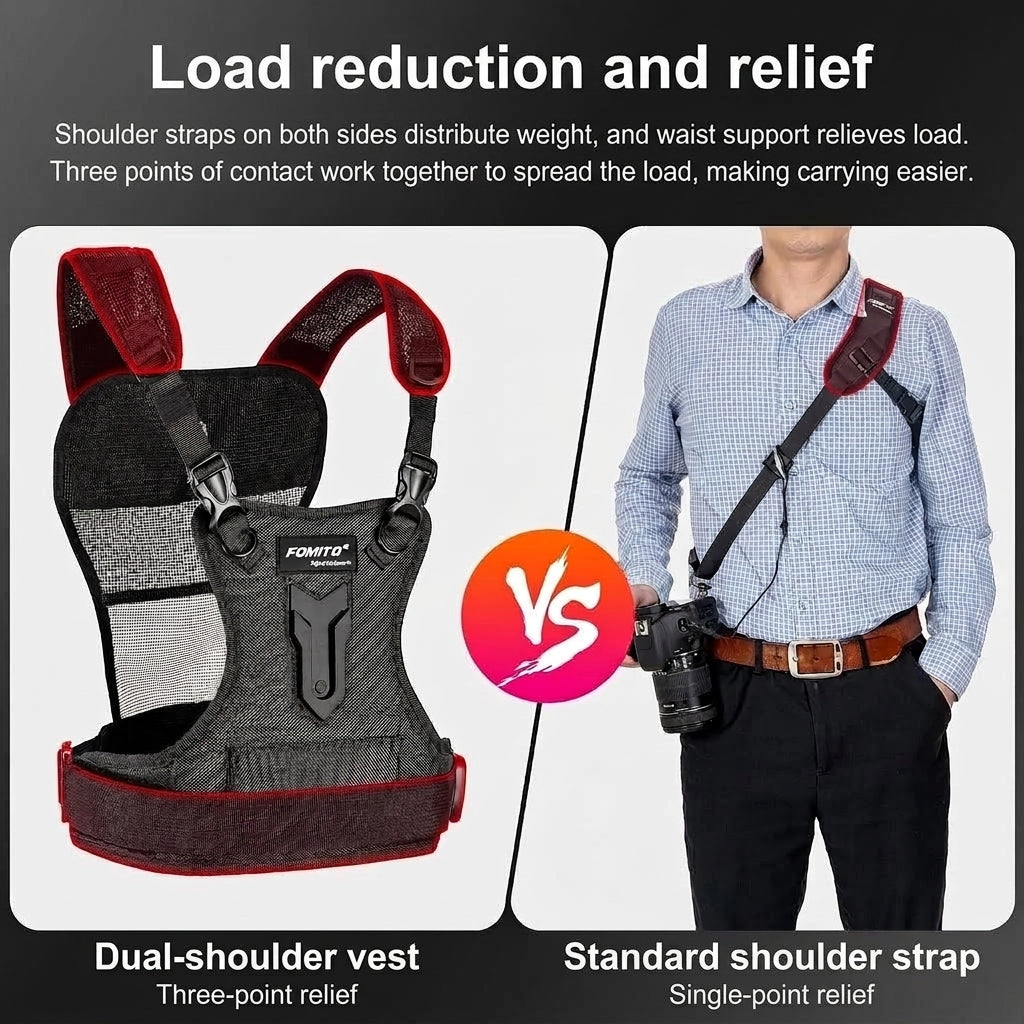 A comparison between a dual-shoulder camera harness and a standard single-point strap, showing improved weight distribution.