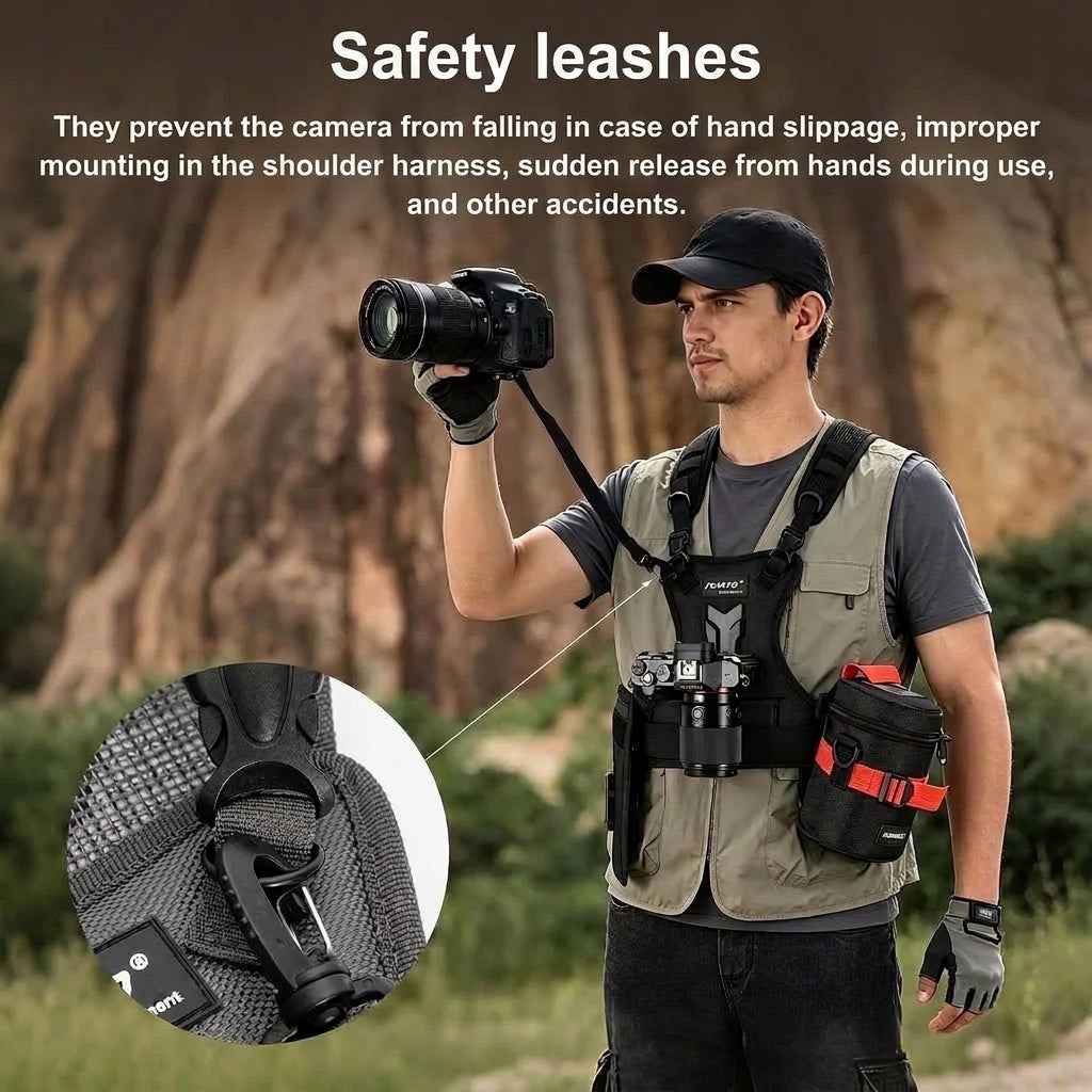 A photographer wearing a dual camera harness with a safety strap attached to his camera to prevent accidental drops.