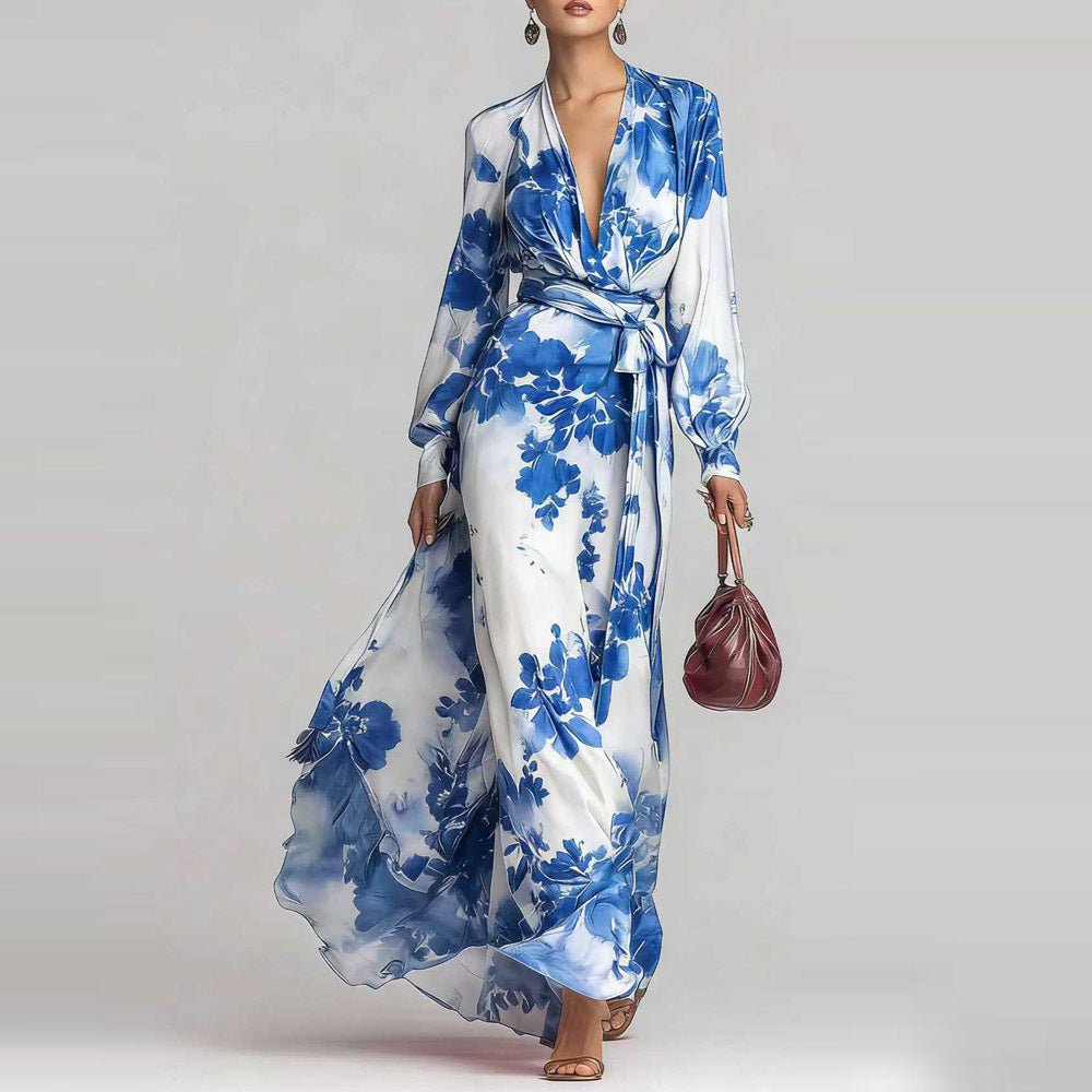 Floral Maxi Dress – Chiffon with Tie Waist and Lantern Sleeves for Evening Events - We are MFEO