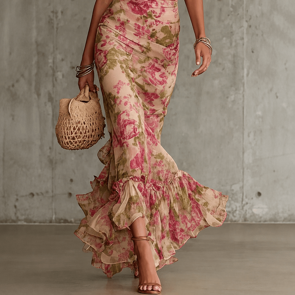Floral Maxi Dress - Mermaid Cut with Puff Sleeves for Summer Weddings and Events - We are MFEO