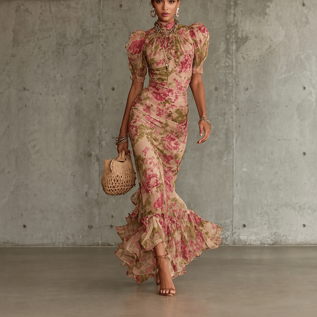 Floral Maxi Dress - Mermaid Cut with Puff Sleeves for Summer Weddings and Events - We are MFEO