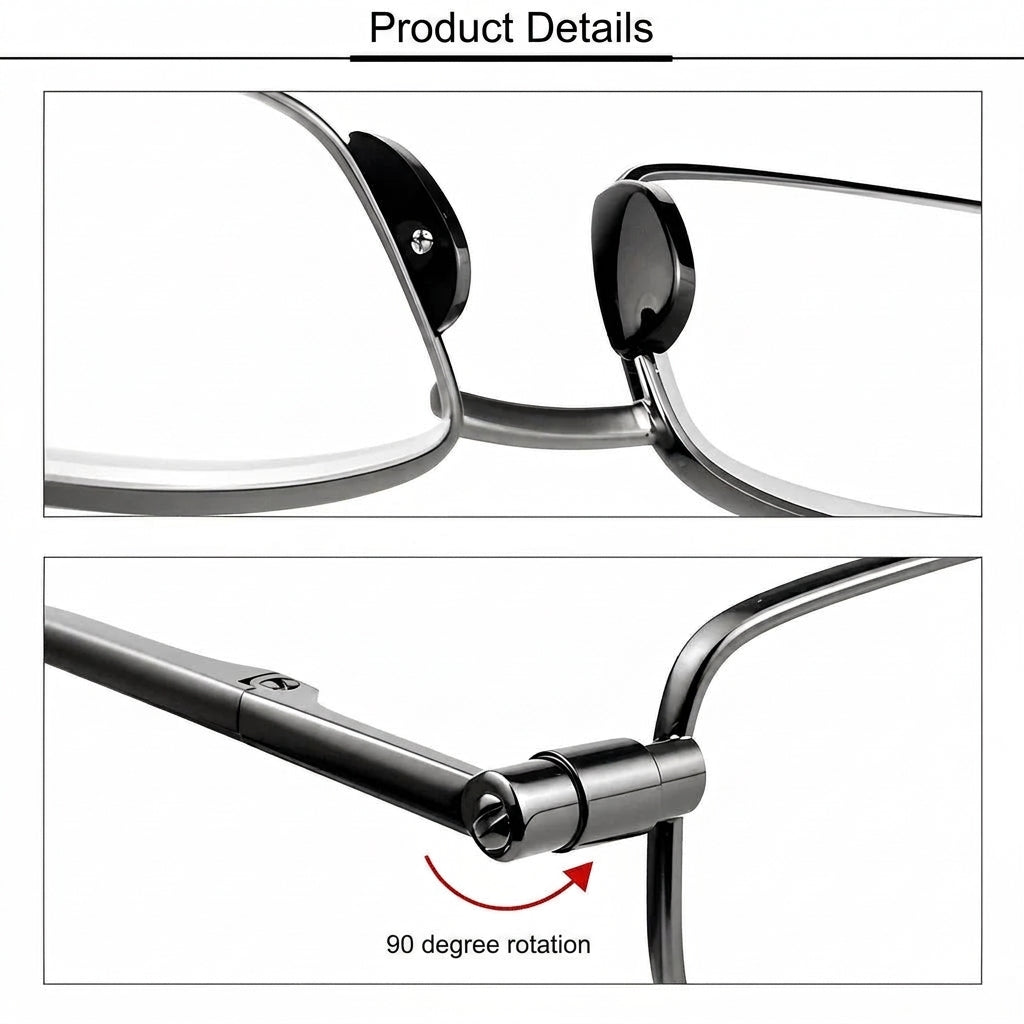 Close-up views of folding reading glasses showing the nose pads and the 90-degree rotating hinge mechanism.