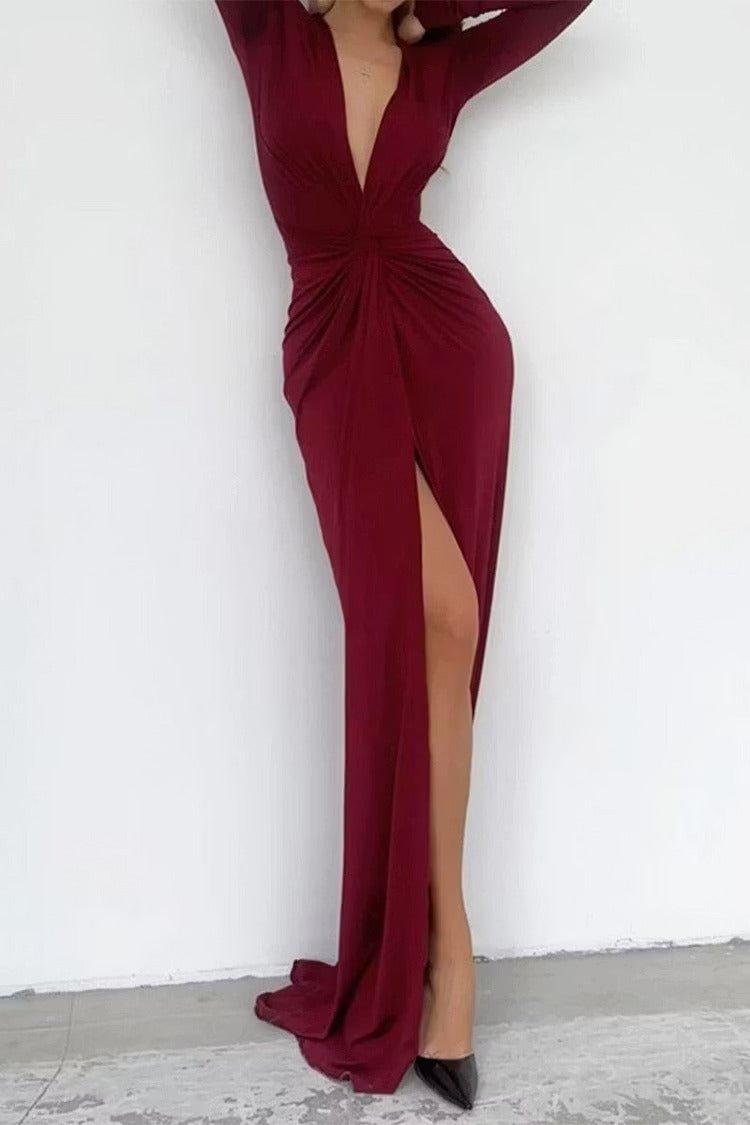 Formal Maxi Dress with V Neck – Long Sleeve Evening Gown with Side Split - We are MFEO